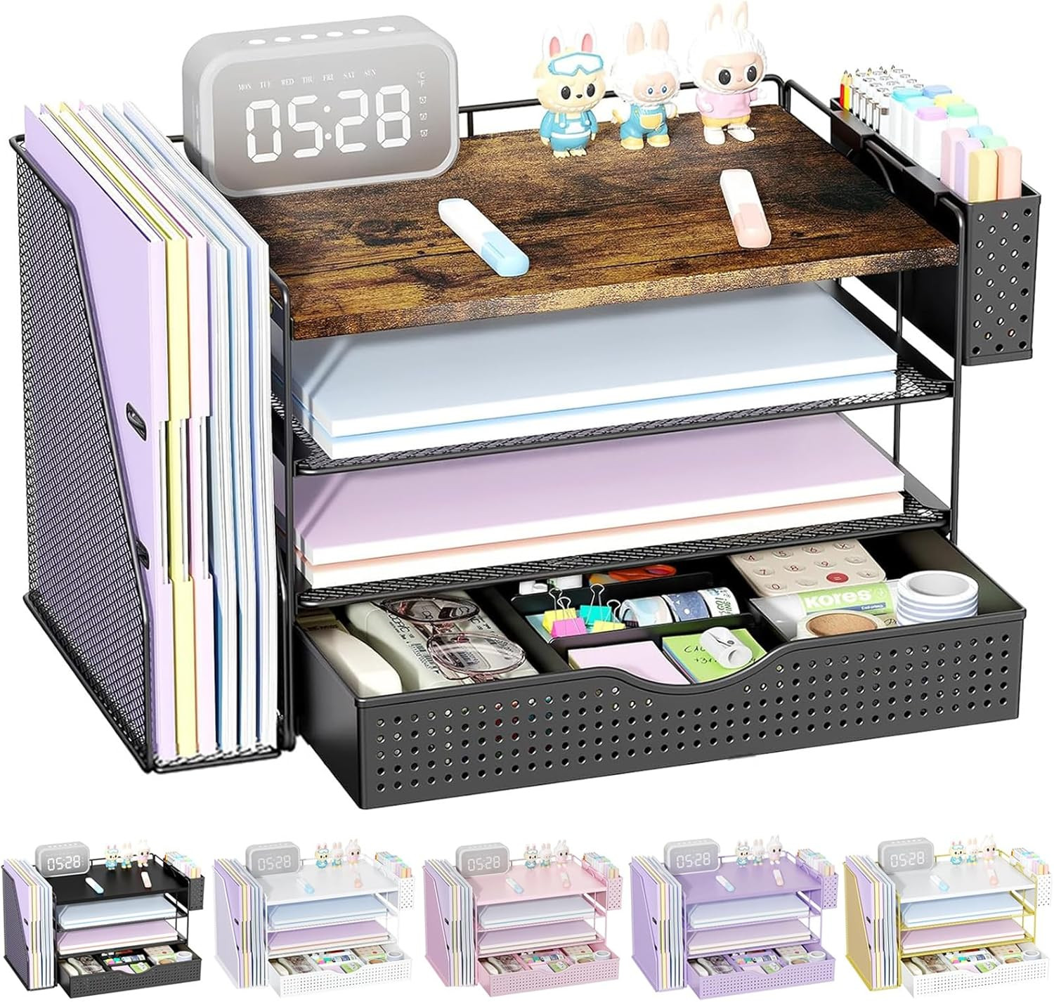 Wood Desk Organizers and Accessories with File Holder, 4-Tier Desk Accessories &