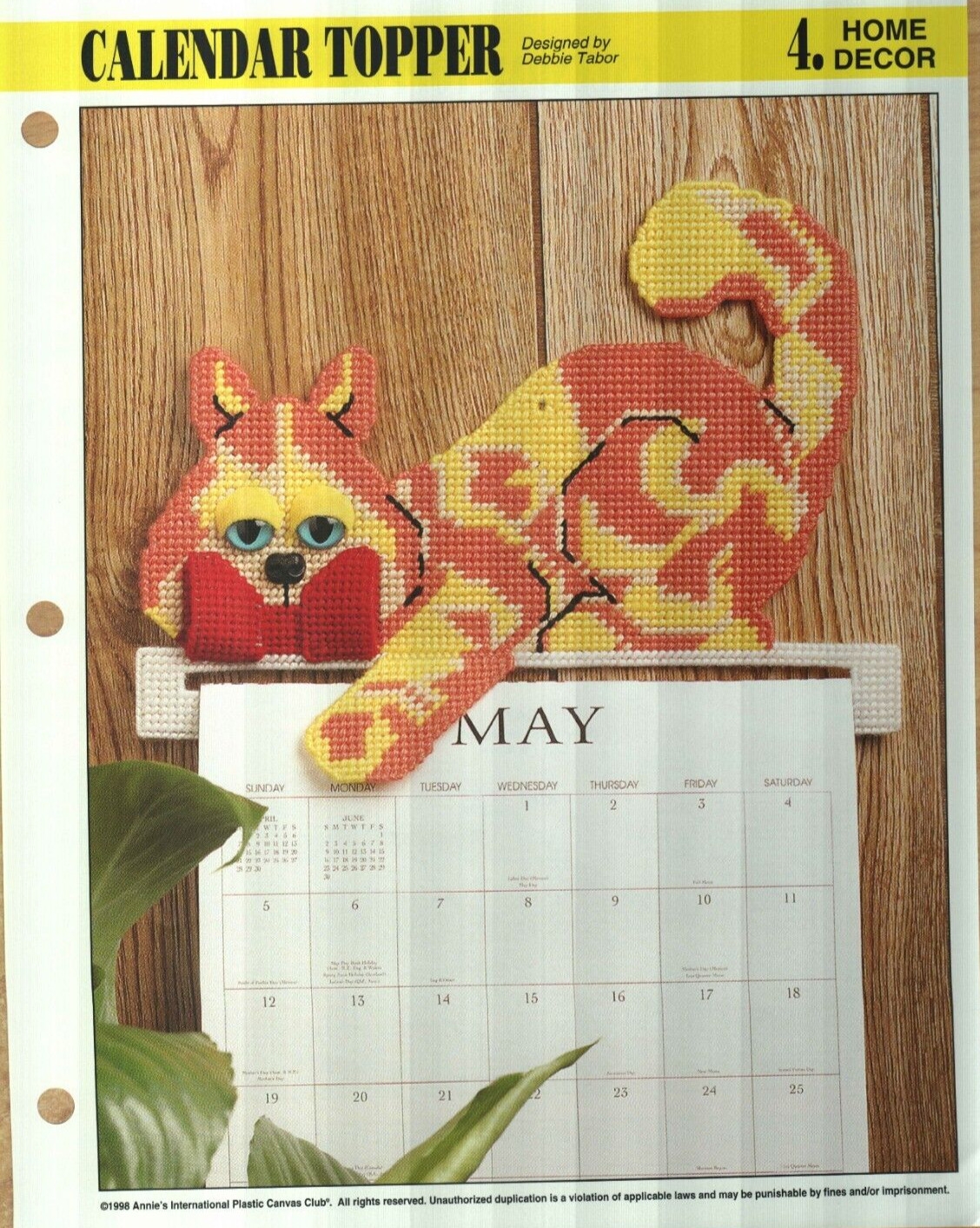 NEW CALENDAR TOPPER CAT ANNIE'S PLASTIC CANVAS PATTERN INSTRUCTIONS