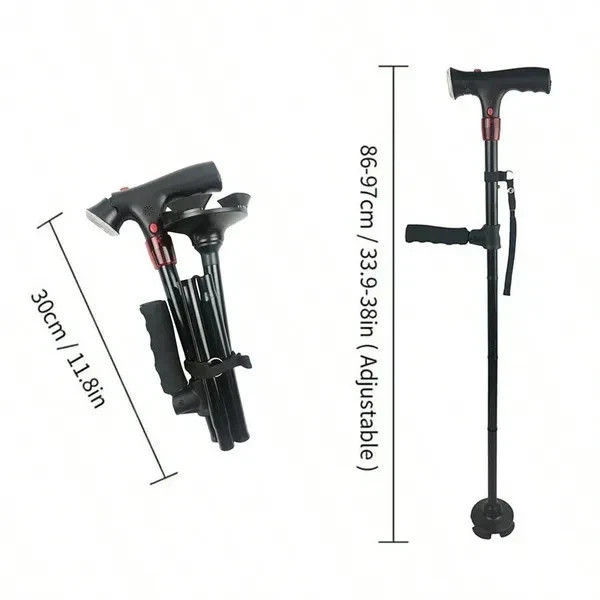 Adjustable Height Cane With LED Light Alert Button Walking Stick - Free Ship US