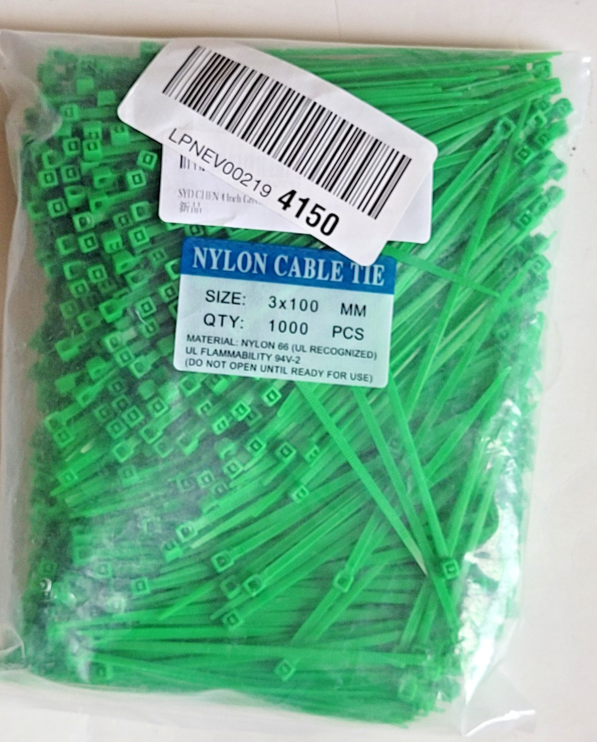 Nylon cable tie Green  3 x 100mm  (1000-Pk)