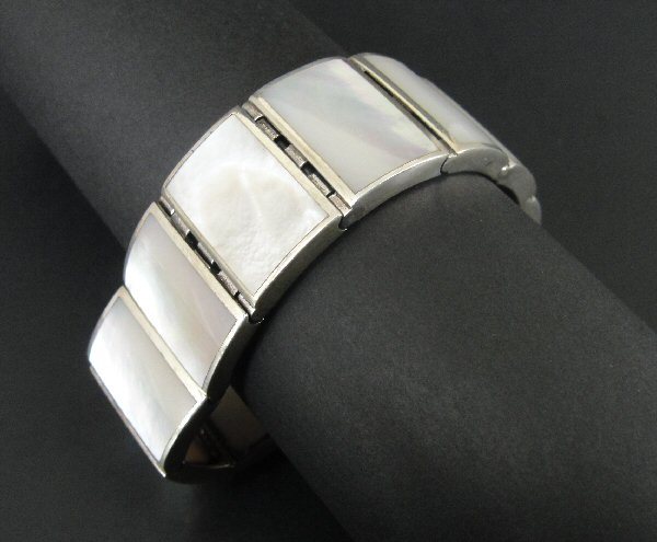 Bracelet Silver Mother of Pearl Stones MOP Rectangle Links Sterling 925 Bracelet