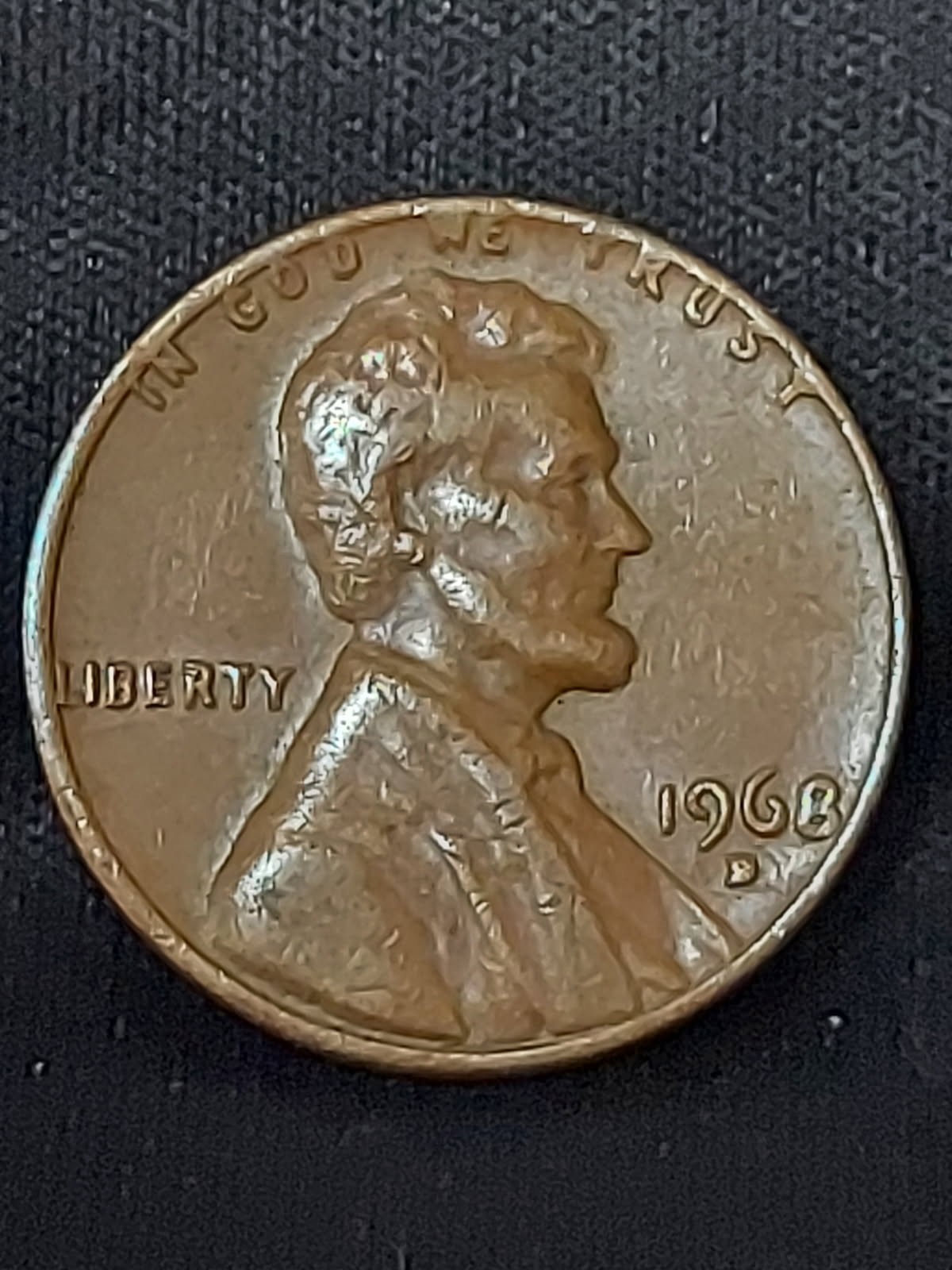 1968 D Lincoln Penny Error- Filled D, "L" in Liberty & "In God We Trust" on Rim