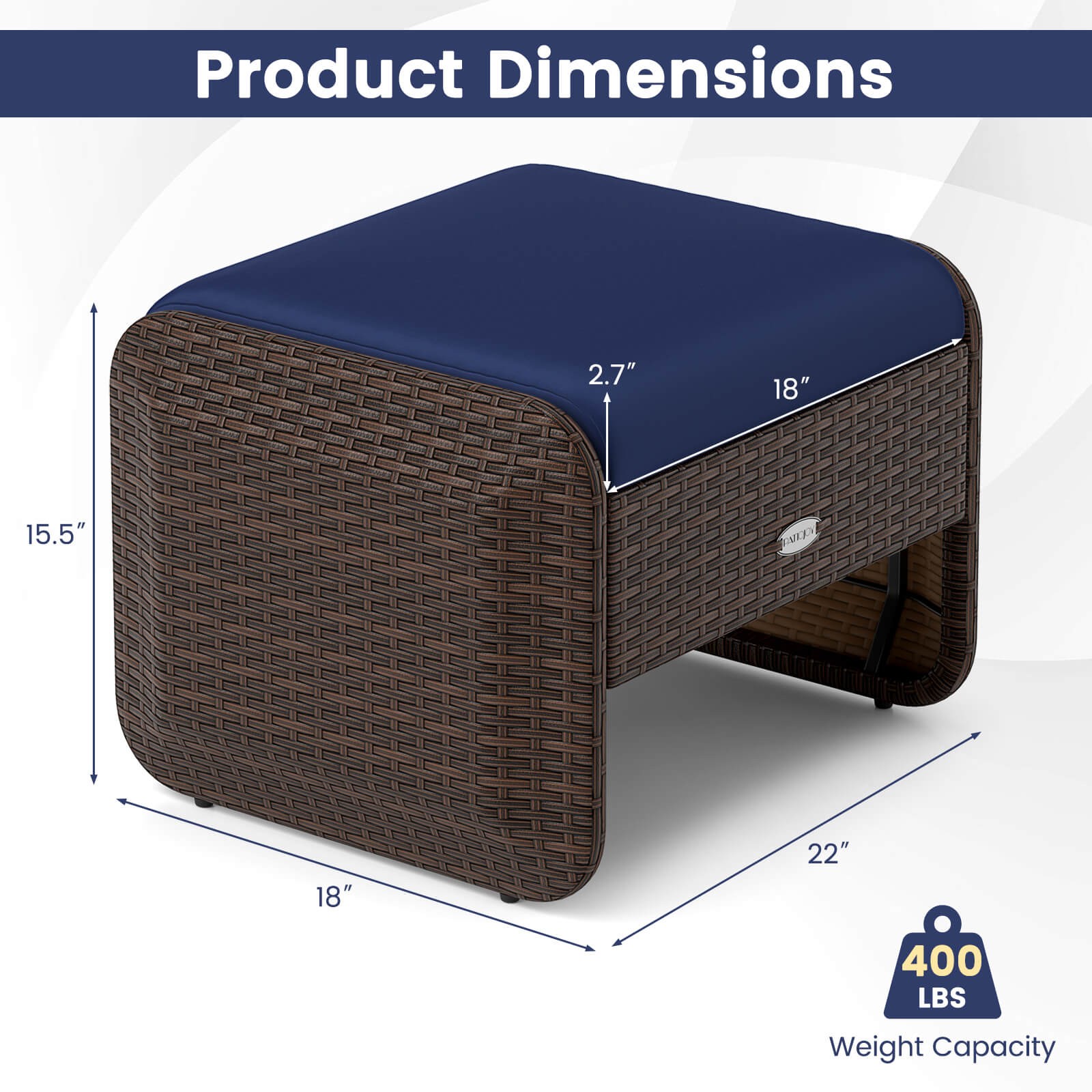 2 Pieces Outdoor Patio PE Wicker Ottomans with Removable Cushions Footstools
