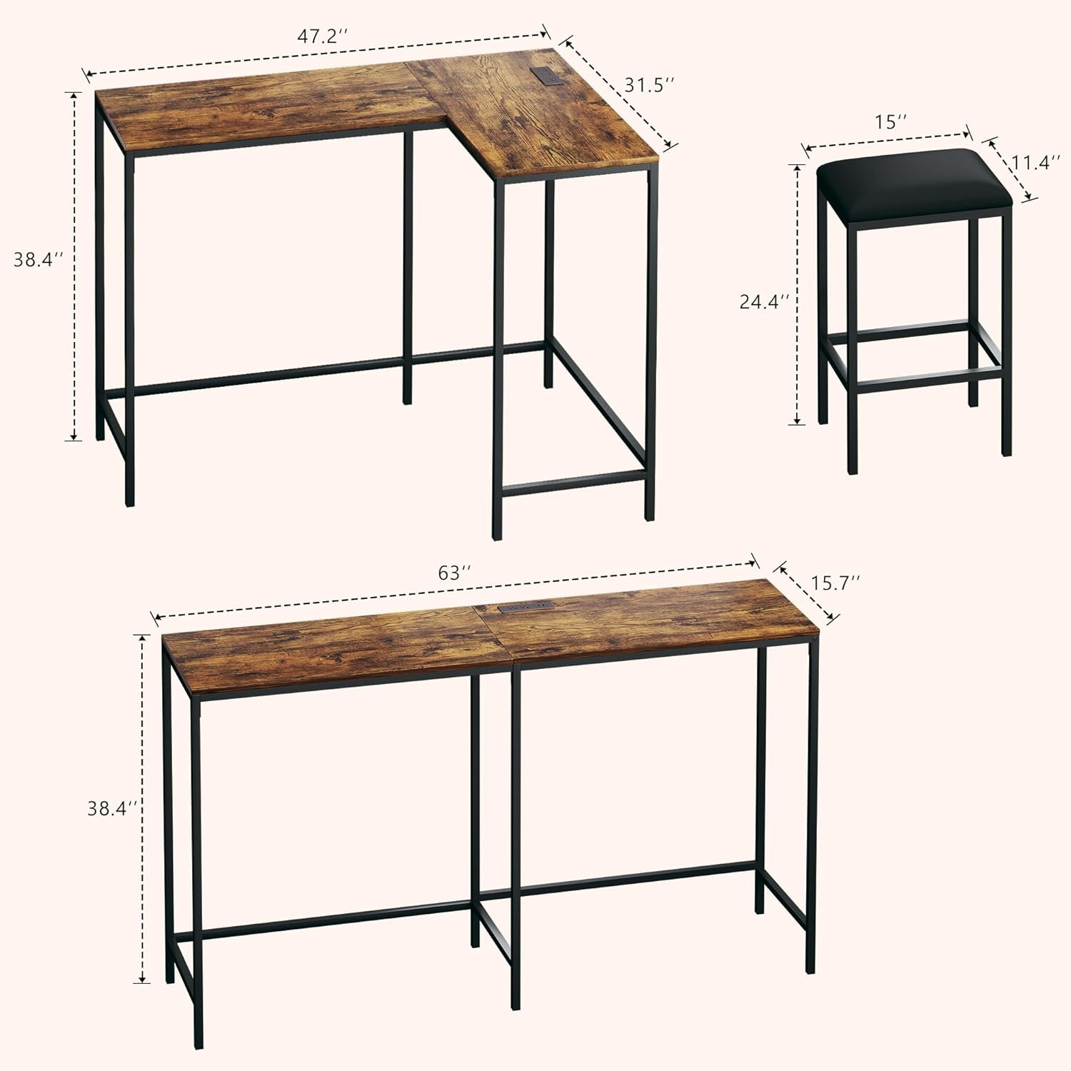 L Shaped Bar Table with Stools, 63‘’ Bar Height Table with Power Outlets,