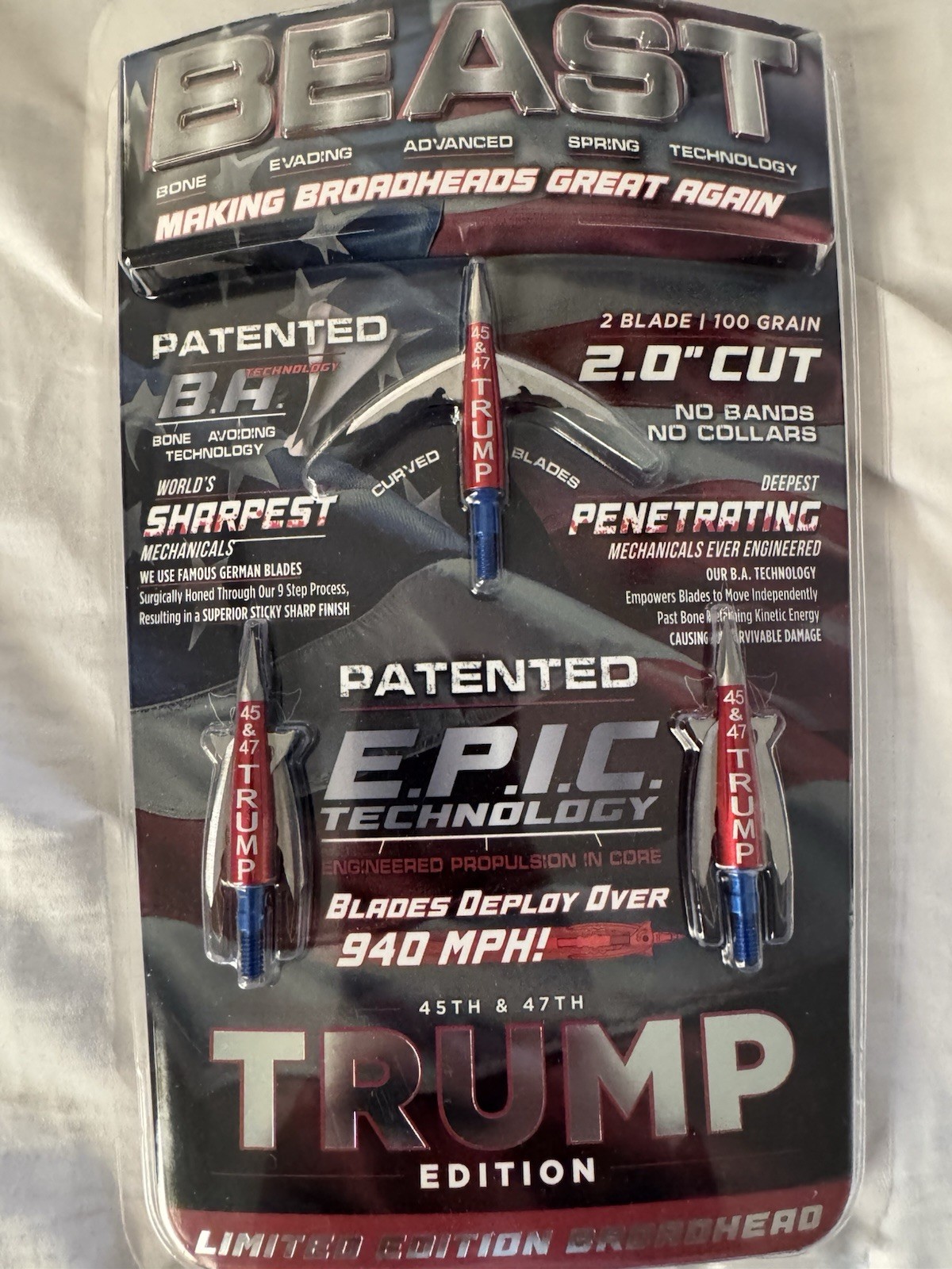 BEAST Broadheads 2 Blade 100 Grain Red Blue Silver 45th 47th TRUMP Edition