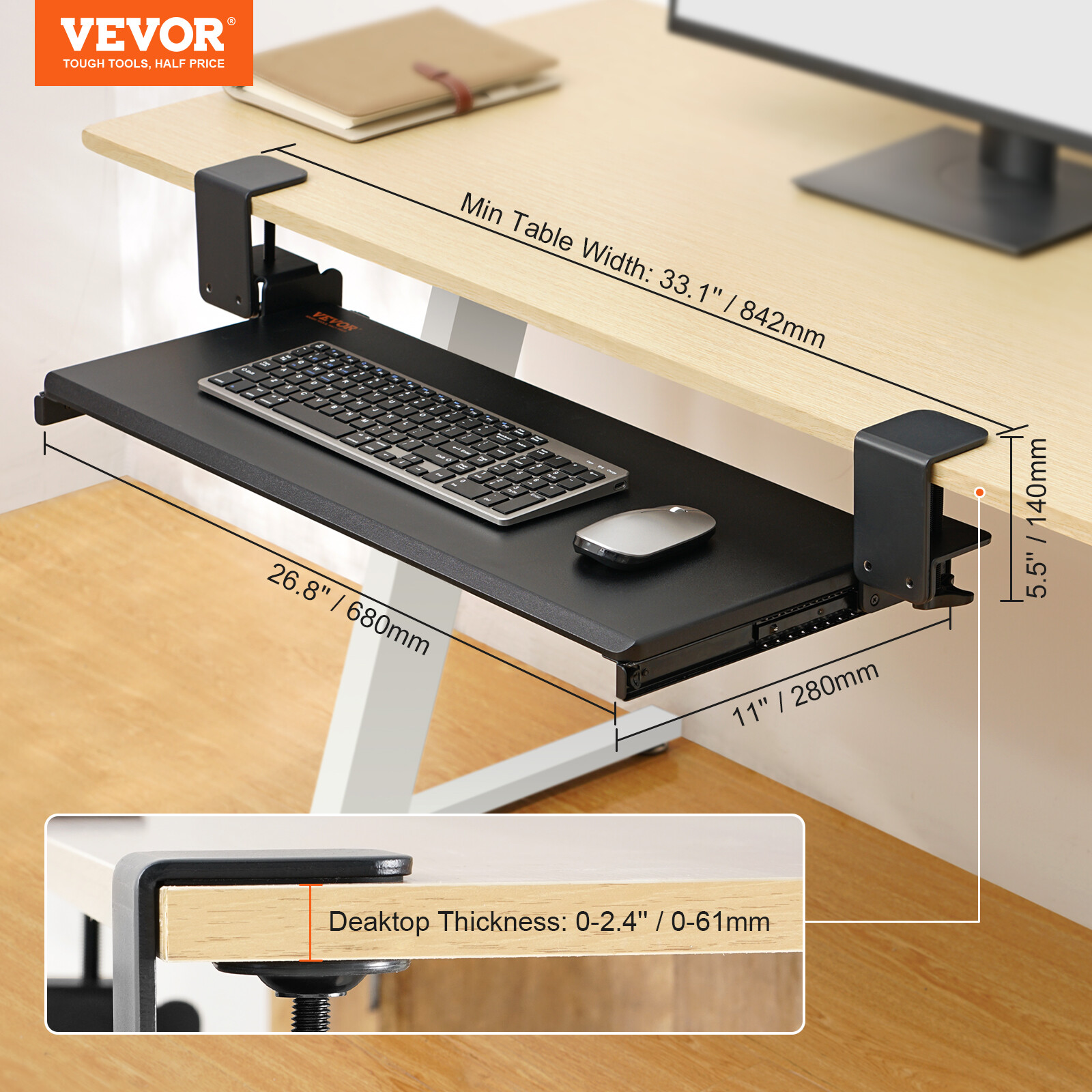 VEVOR Keyboard Tray Under Desk Pull out Keyboard/Mouse Tray with C Clamp Mount