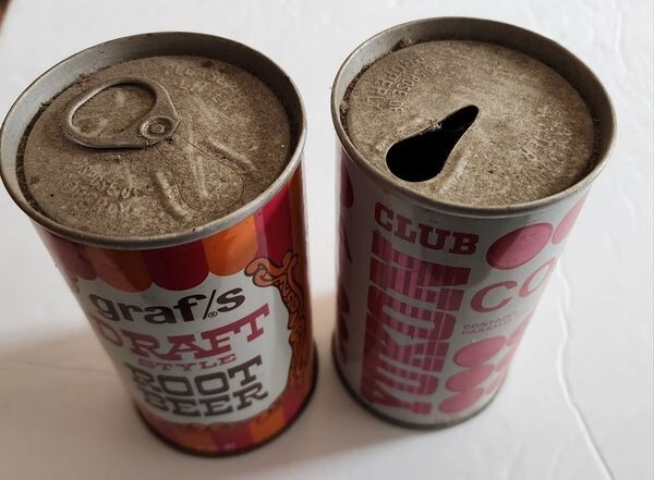 2 EMPTY POP CANS FOR COLLECTION. GRAF/S ROOTBEER CLUB YUKON COLA 1960s 70s