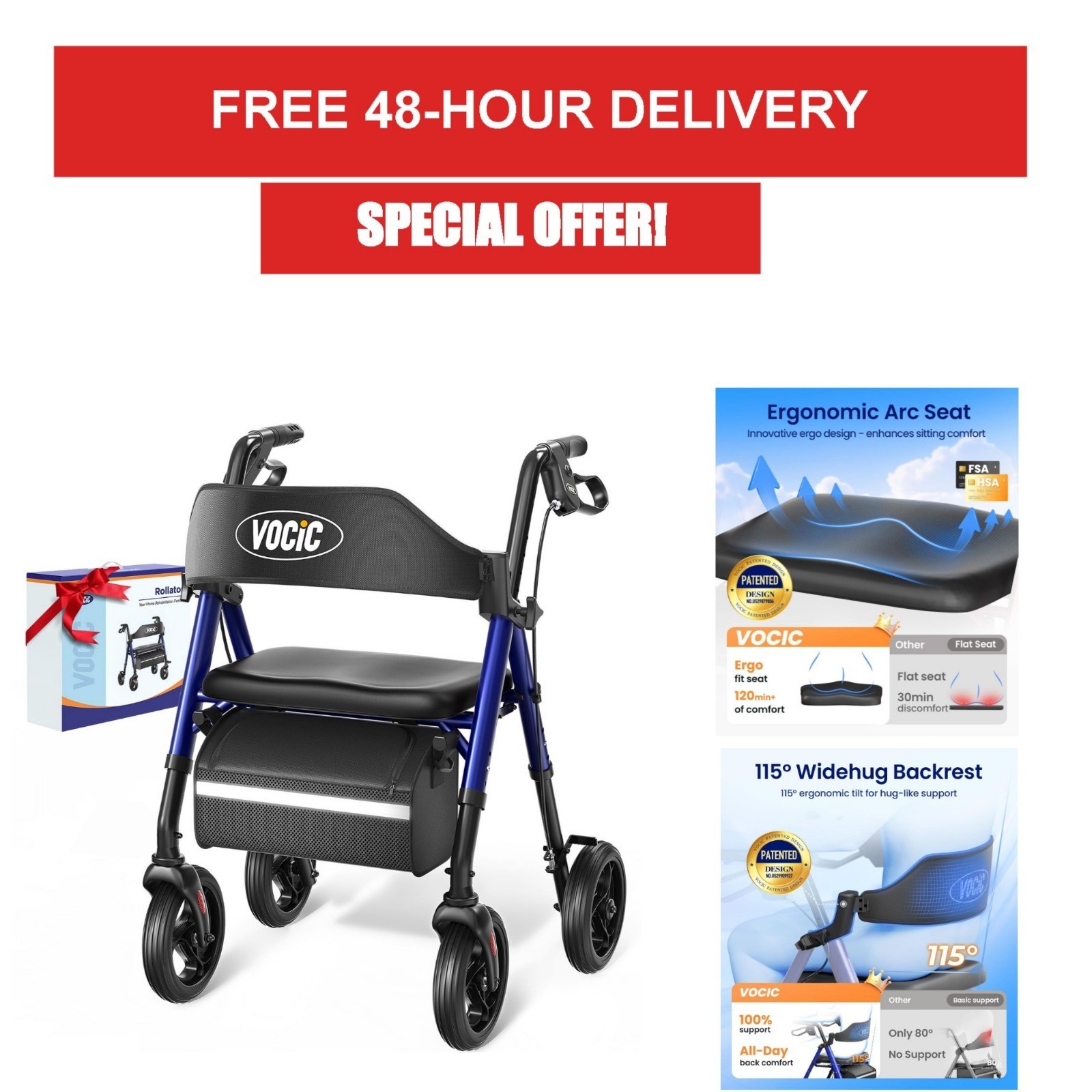 VOCIC Z21 Rollator Walker for Seniors with Seat, 350 LBS Capacity