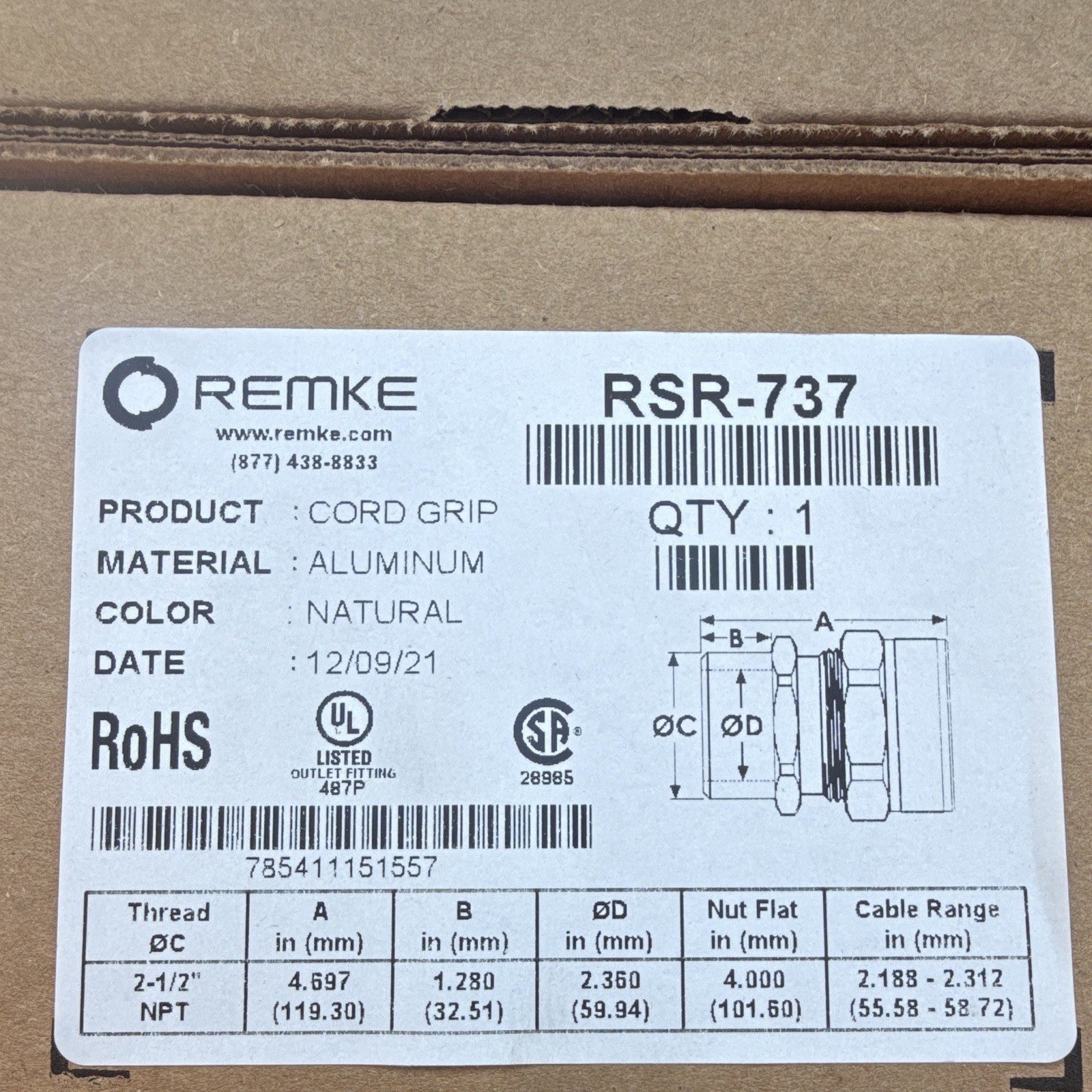 Remke RSR-737 Aluminum Cord Grip 2-1/2in NPT Threaded Natural