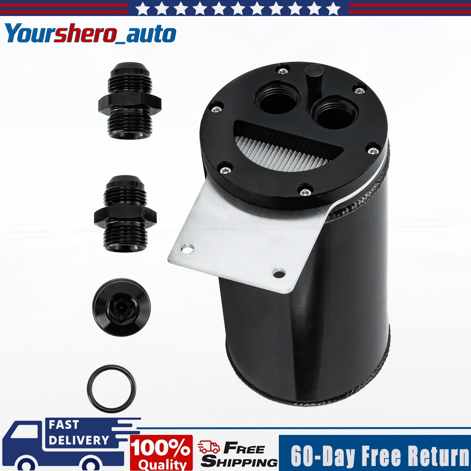 Black Catch Can Reservoir Tank Open Loop 8 in Tall 4 in Diameter 10 AN Male