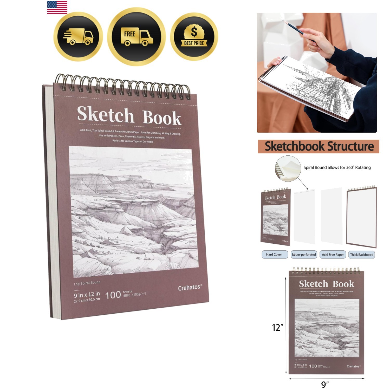Sketch Book 9x12 Inches Top Spiral Bound 100 Sheets Drawing Paper