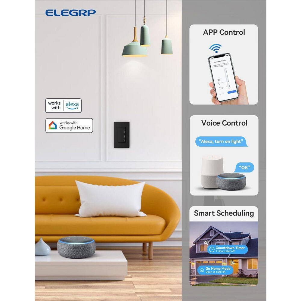 Smart Dimmer Light Switch Single Pole 2.4Ghz Wi-Fi Dimmer Switch Compatible W/Al