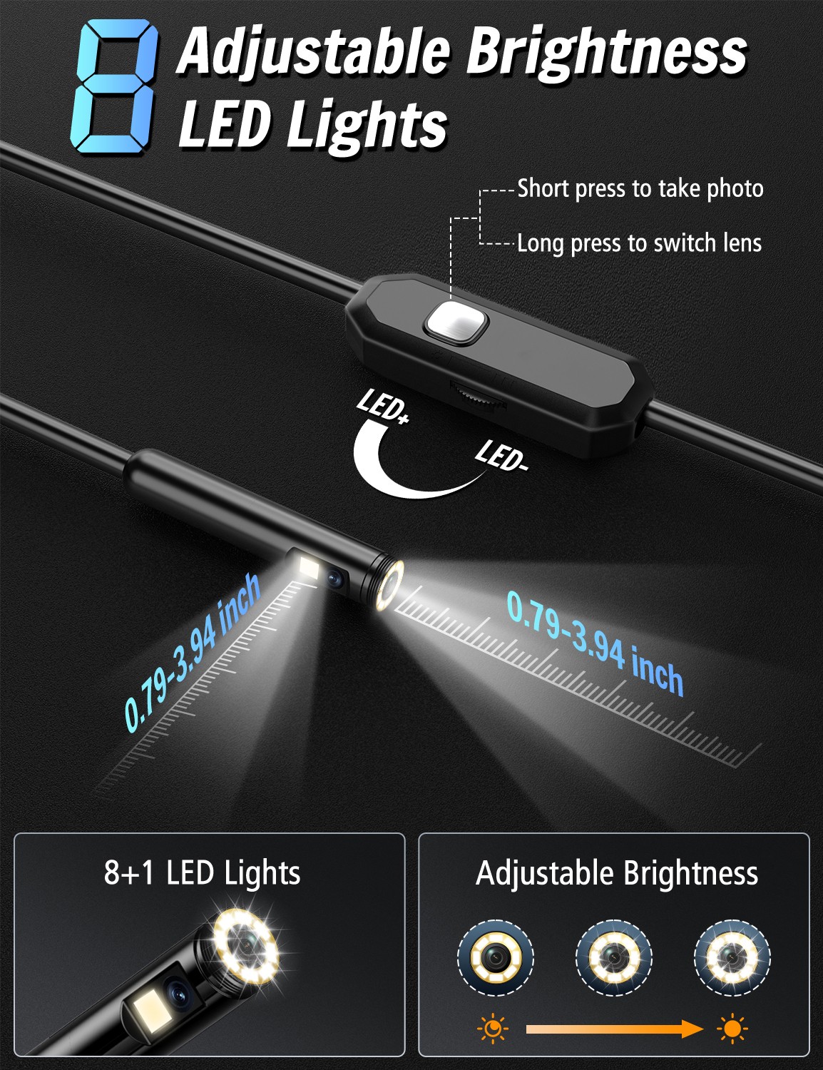 YEKO Endoscope Camera with Light, 1920P HD Borescope Camera with 8 LED Lights