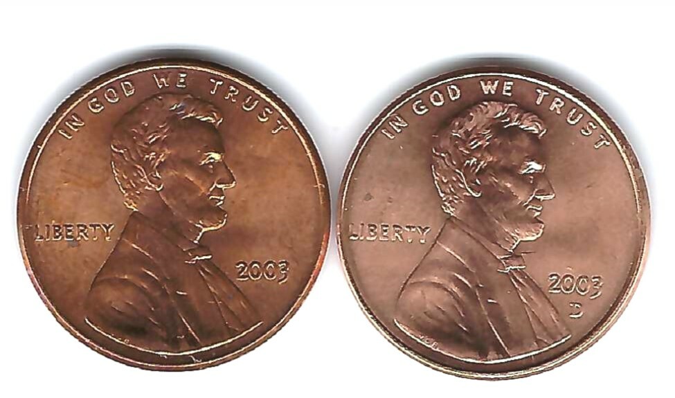 2003 P & D Brilliant Uncirculated Two Lincoln cent coins!