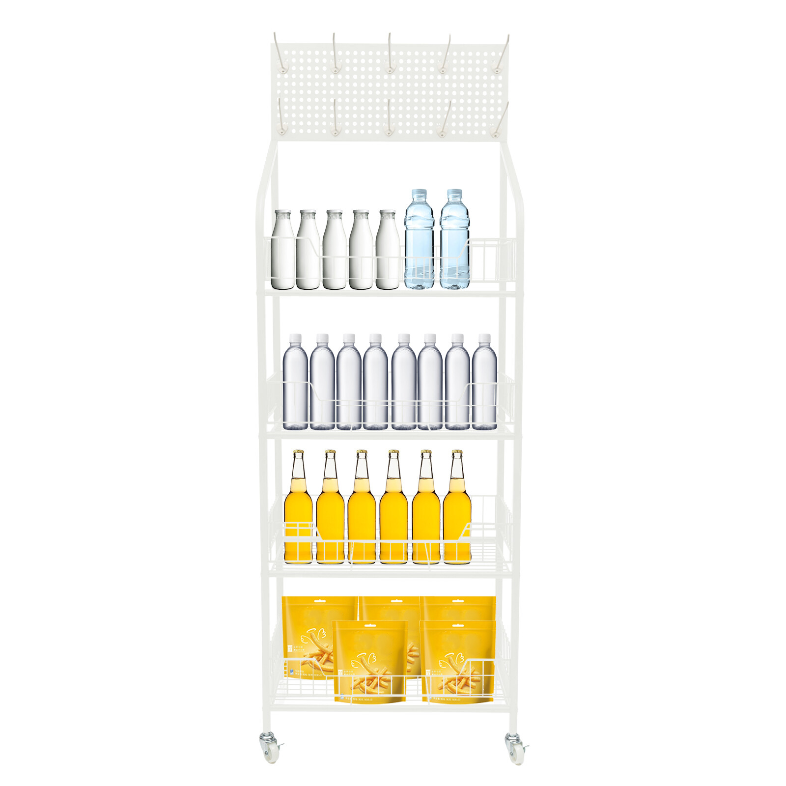 4-Tier Metal Snack Display Rack With Hooks & Wheels White