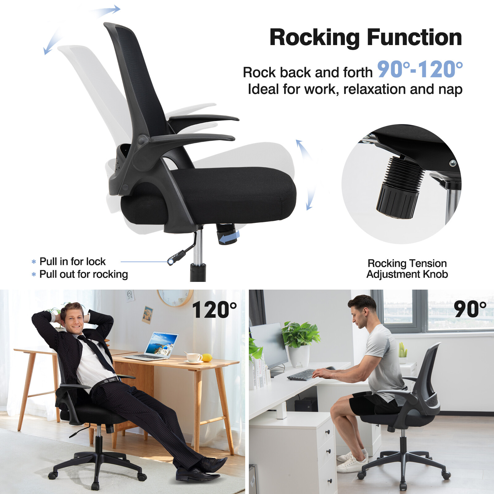 Mesh Office Chair Adjustable Rolling Computer Desk Chair w/Flip-up Armrest Black