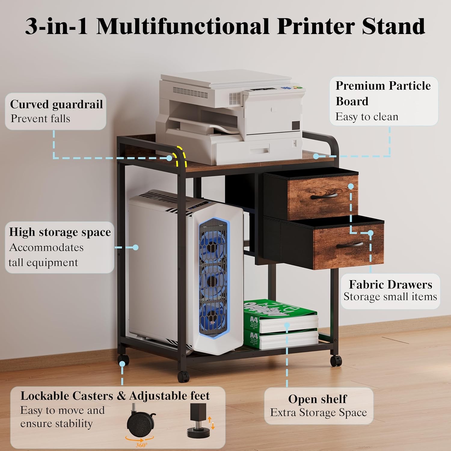 Large Printer Stand W/ 2 Fabric Drawers Mobile Printer Table W/ Wheels &