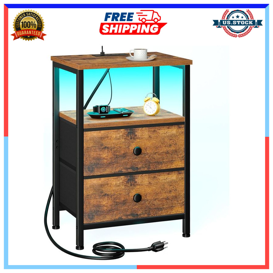 Small Bedside Table with USB Ports & Outlets, 2 Drawer Nightstand Brown
