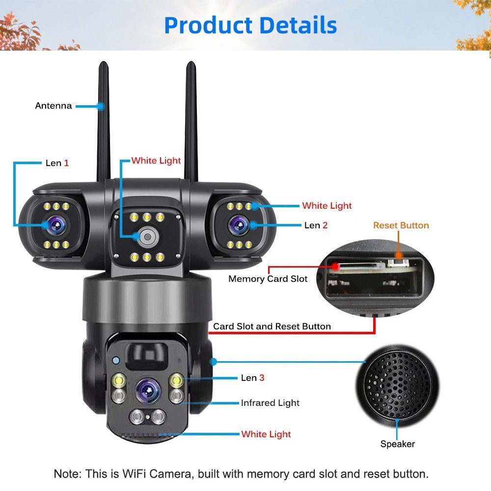 2x 3 Lens 12MP Solar Battery Home Security Camera Outdoor Wifi Wireless PTZ CCTV