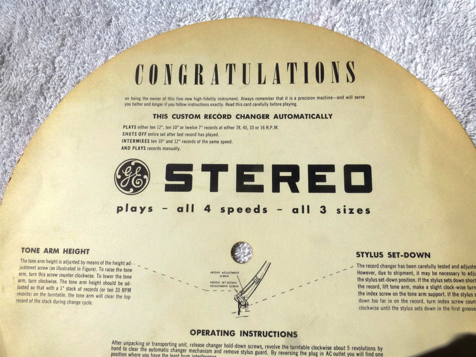 Voice Of Music Operating INSTRUCTIONS GE VACU MAGIC Turntable Cover 1200 Series