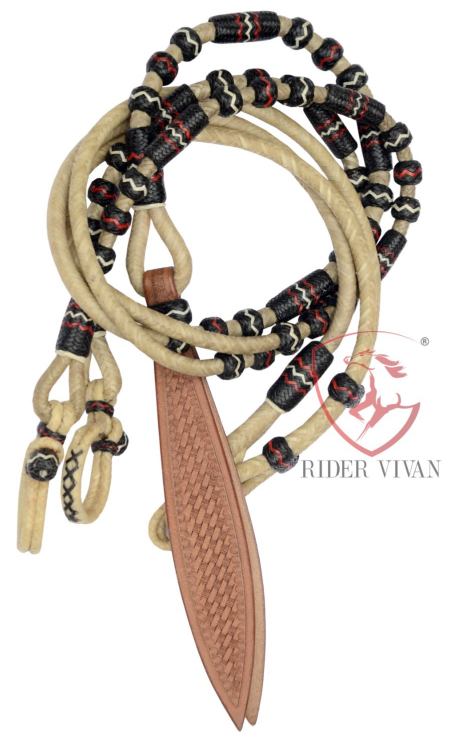Rommel Reins Natural & Black, 20 plaits Rommel Reins, 48" Braided Romal Reins.