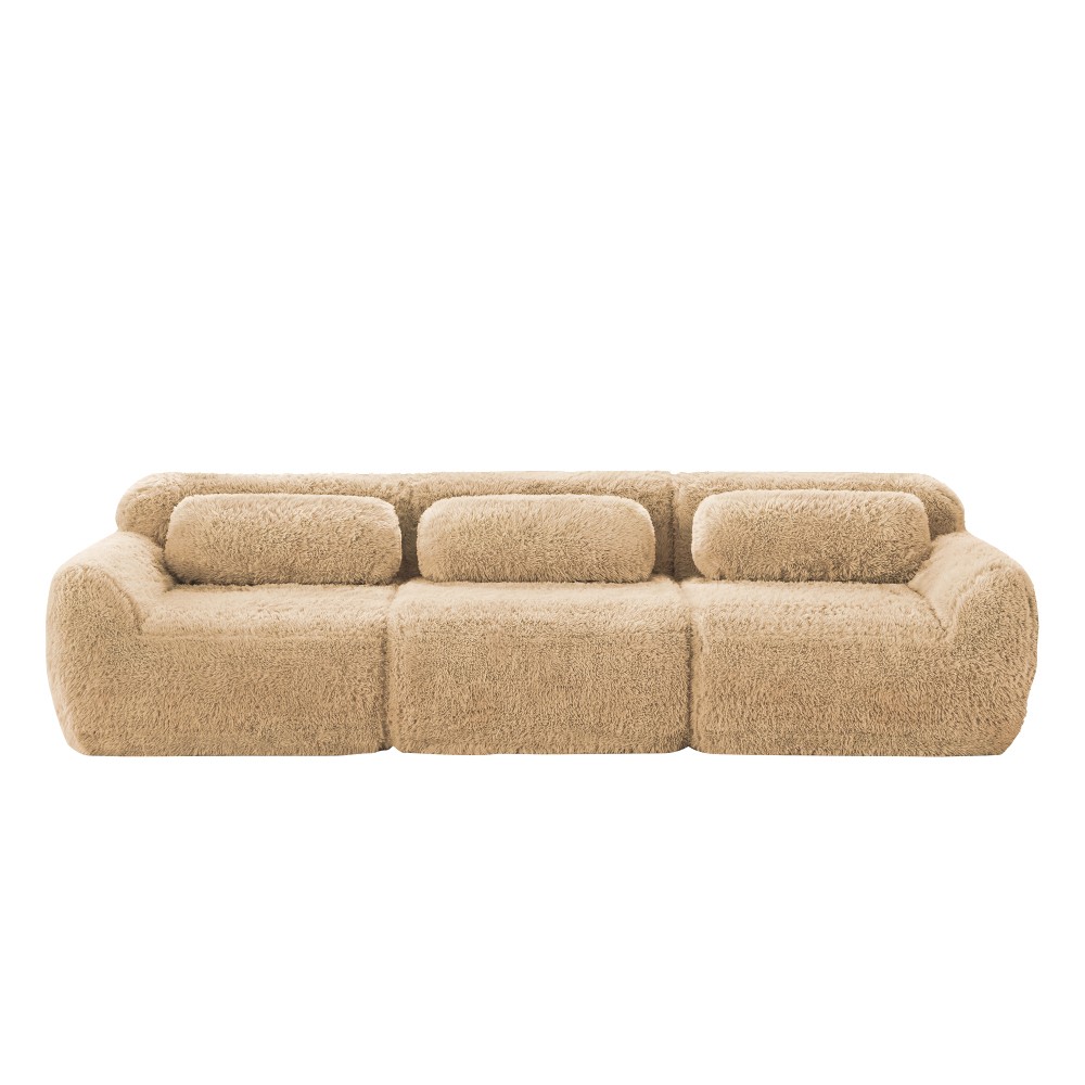 114'' Modular Sectional Sofa w/ Ottoman & Pillows, Plush Fabric, Light Khaki