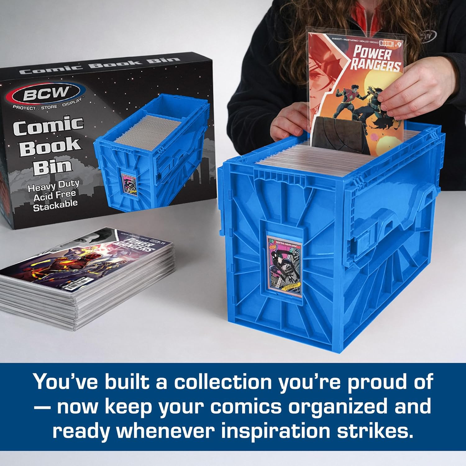 Stackable Comic Book Storage Bins - 2 Pack, Holds 150 Comics, Acid-Free, Blue