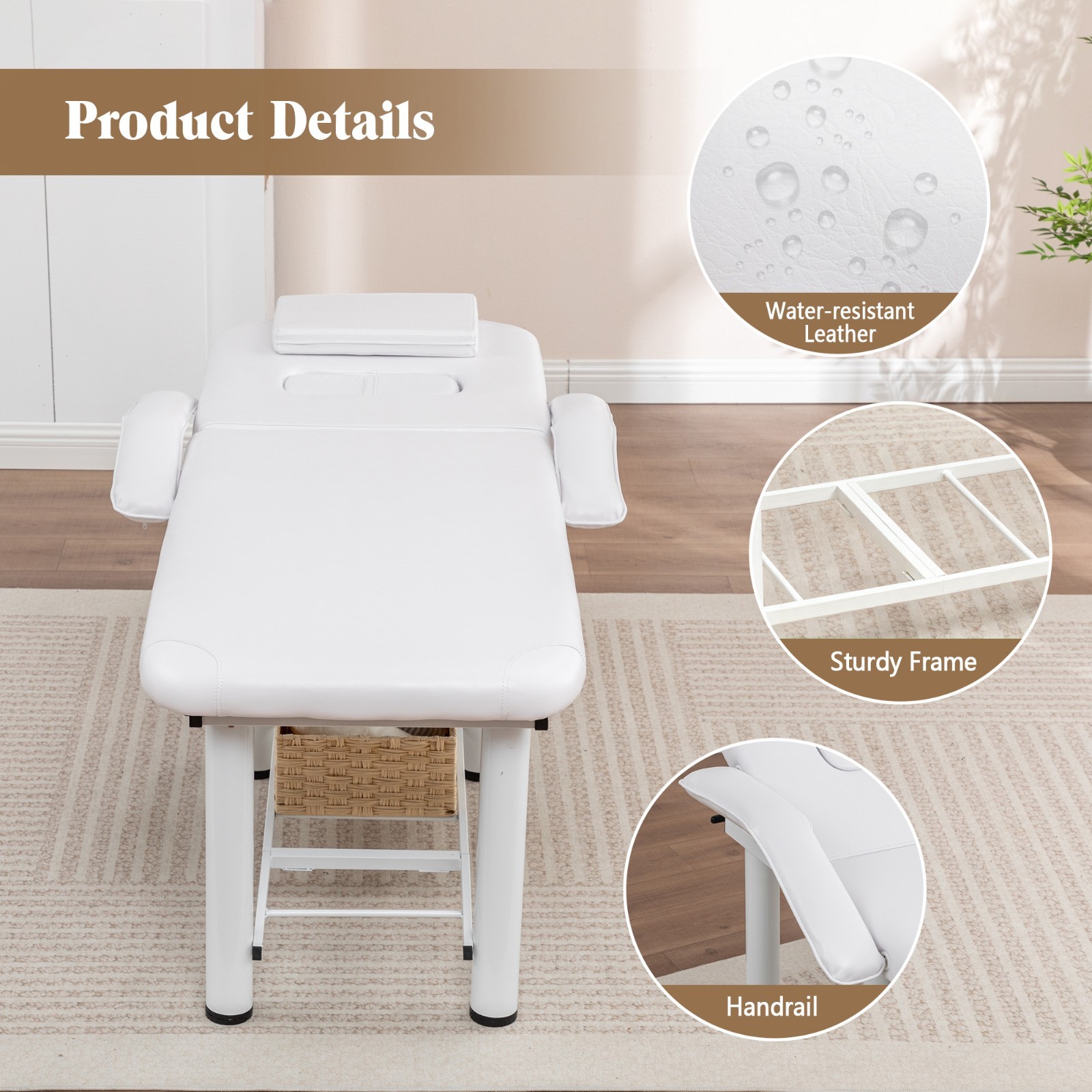 Professional Massage Bed Adjustable Height & Backrest Spa Facial Bed, White
