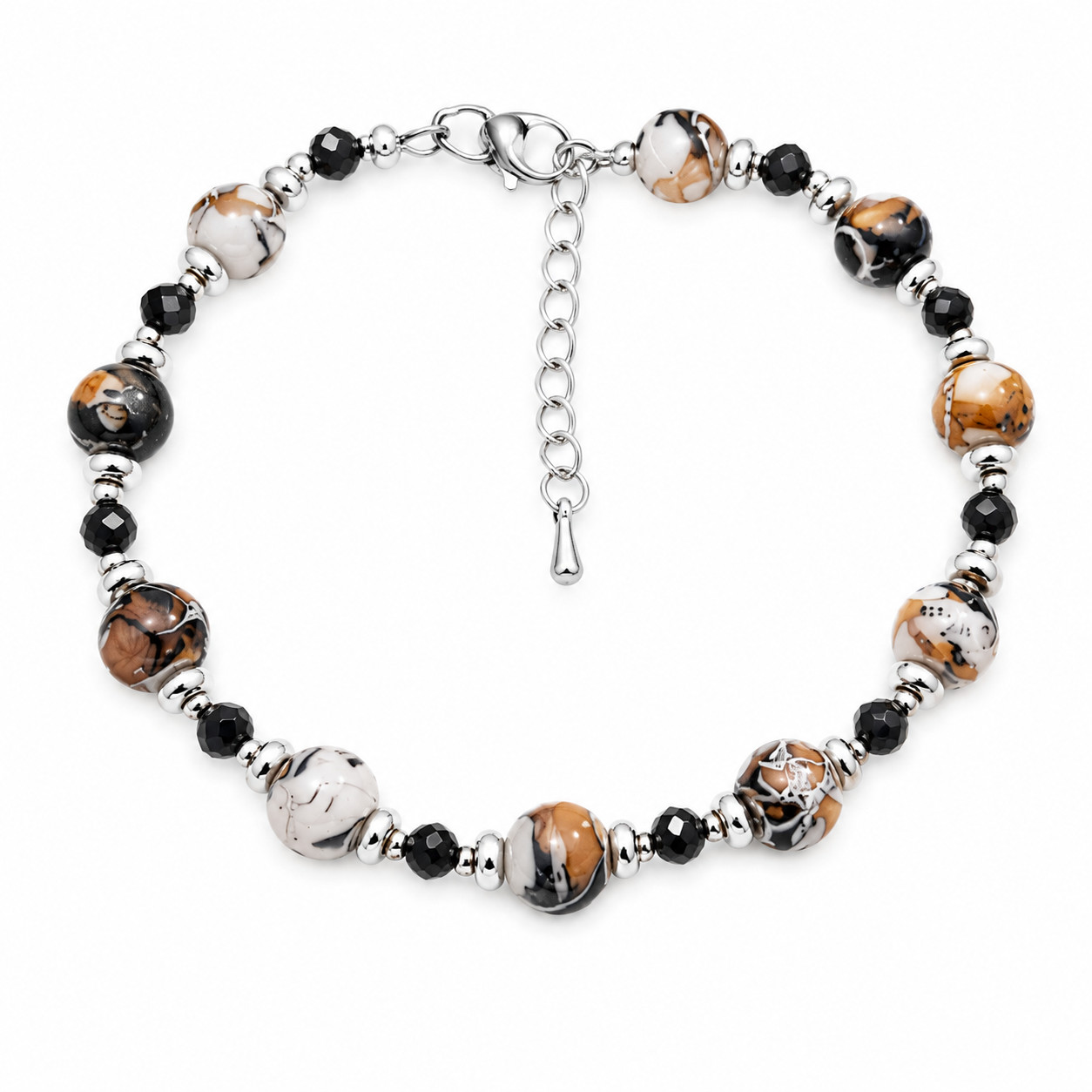 Porcelain Bead Bracelet• Black Spinel Gemstones • Adjustable 7.5–8.5" • Handmade