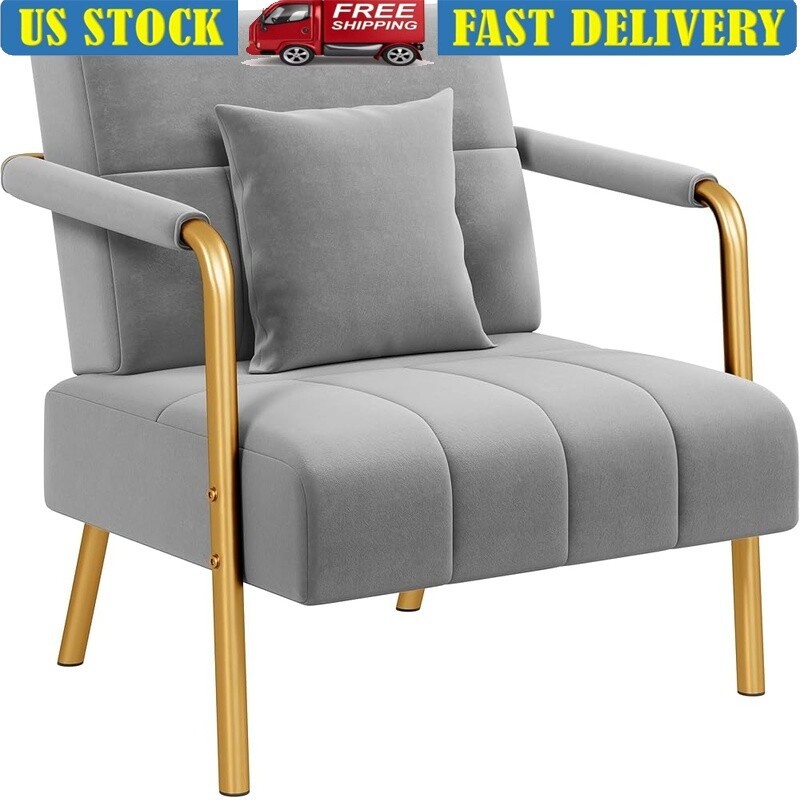 Modern Velvet Accent Chair W/ Metal Arms Cozy Upholstered Reclining Sofa New
