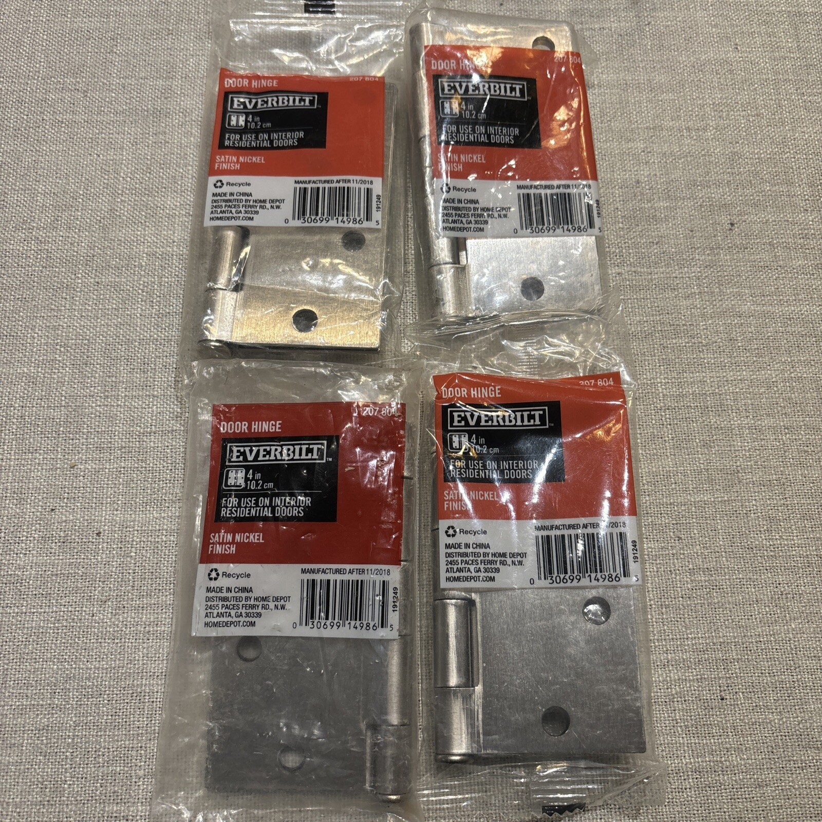 Lot Of 4 Everbilt 4" Interior Door Hinges Satin Nickel Finish 207 804