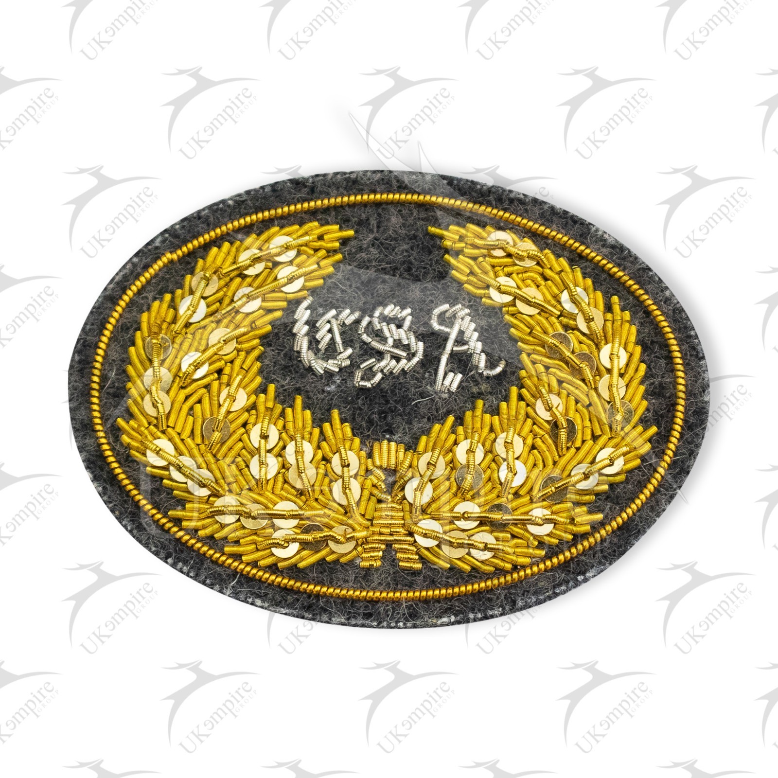 Civil War CSA Officers Hat Insignia Badge (Small) Gold Bullion Wire Grey Wool