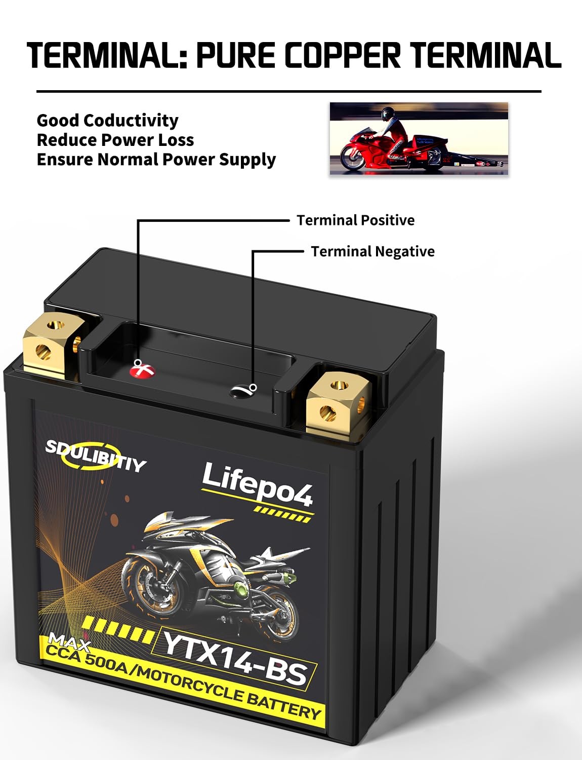 -BS Lithium Motorcycle Battery 12.8V 9AH 500CCA Powersports Battery YTX14