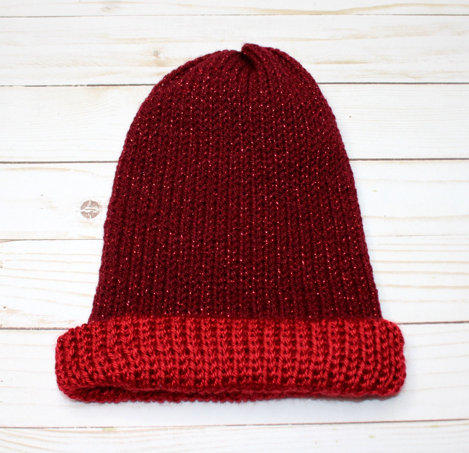 Hand Crocheted Red Glittery Yarn Hat, Double Sided / Reversable Use
