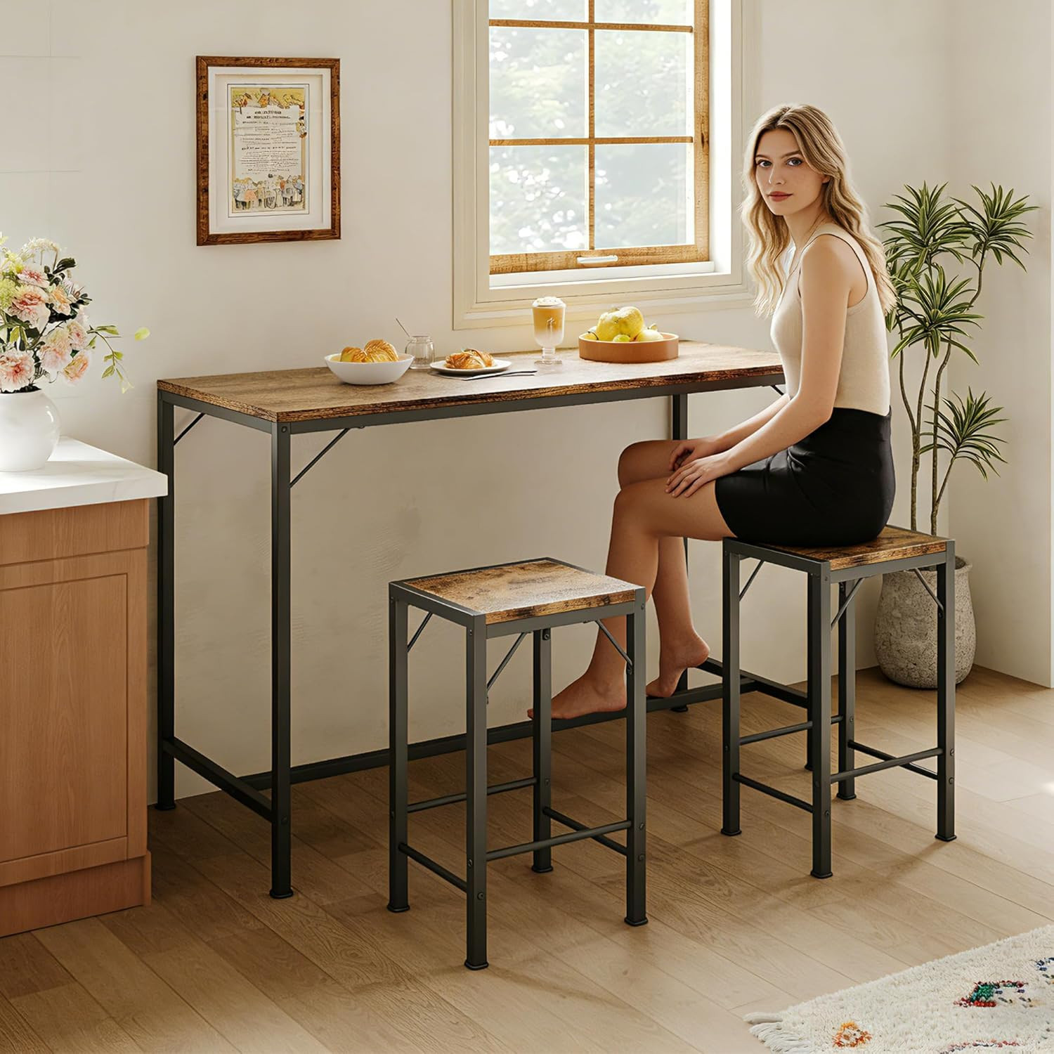 Bar Table and Chairs Set, Bar Table with 2 Stools, Space-Saving Dining Pub Set f