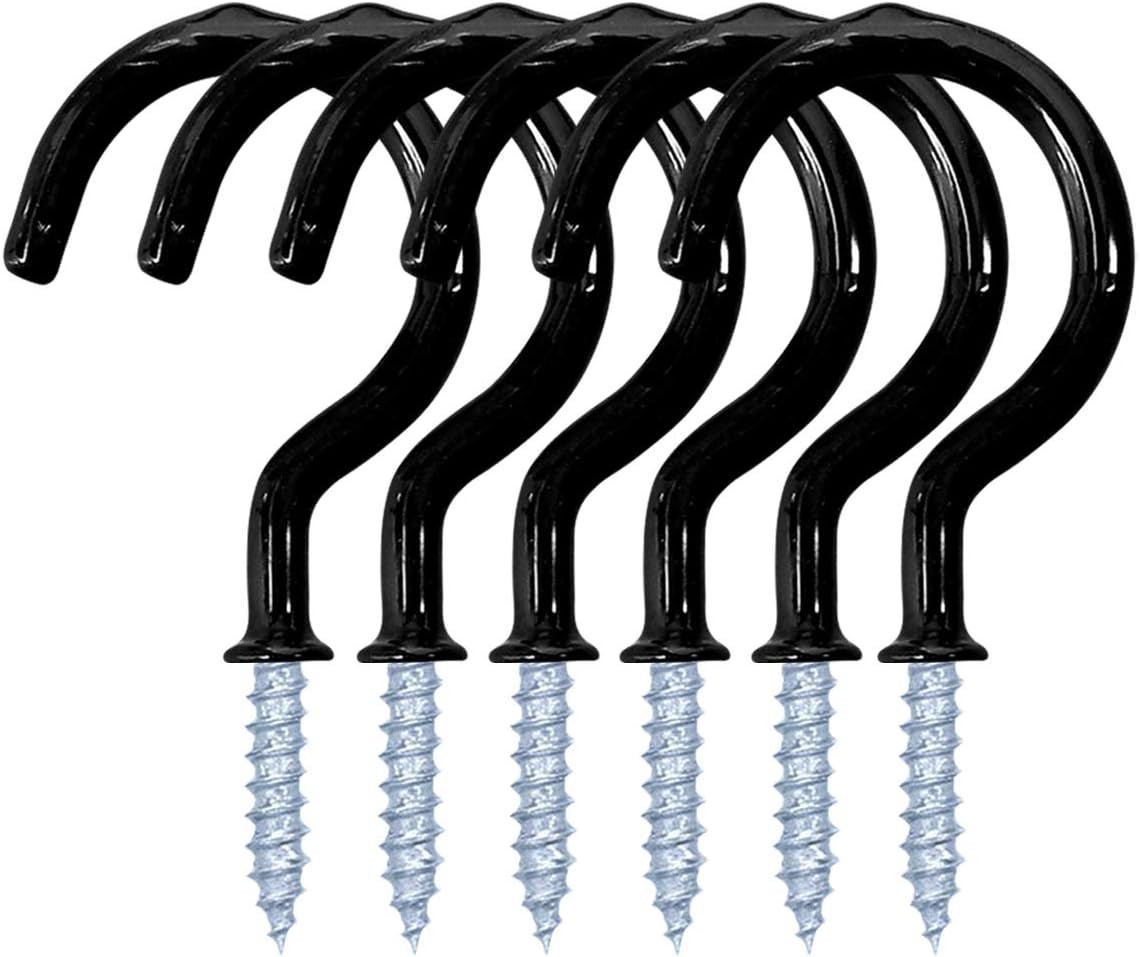 Multi-Functional Screw-In Ceiling and Wall Hooks - 12 Black Vinyl Coated Hooks