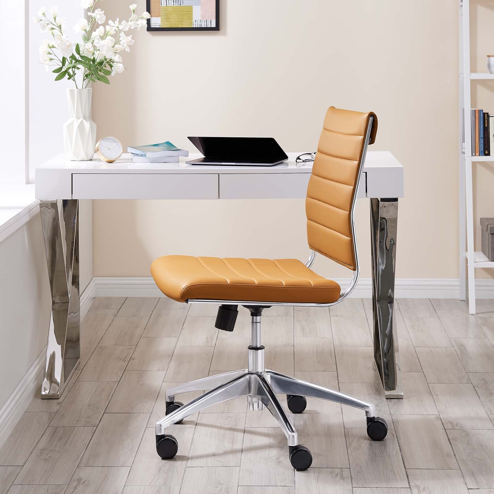 Modway Jive Ribbed Armless Mid Back Swivel Conference Chair In Tan