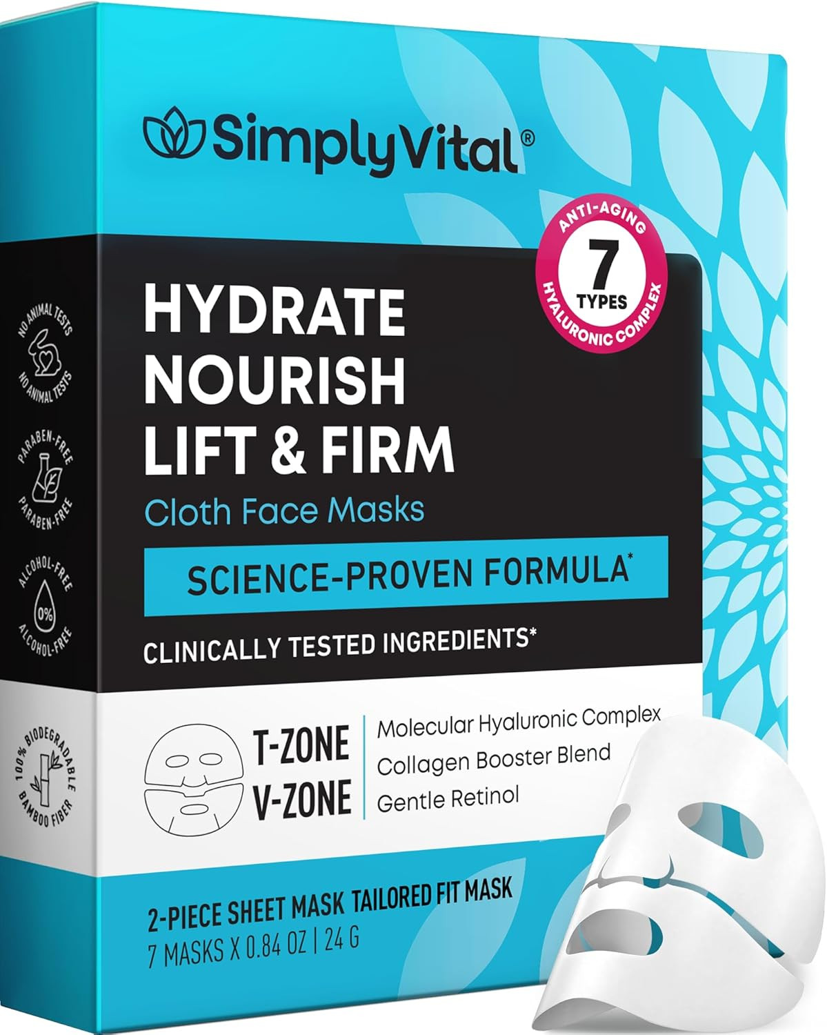 Simplyvital Collagen Facial Mask Retinol Hyaluronic Acid Sheet Masks 7 Pack