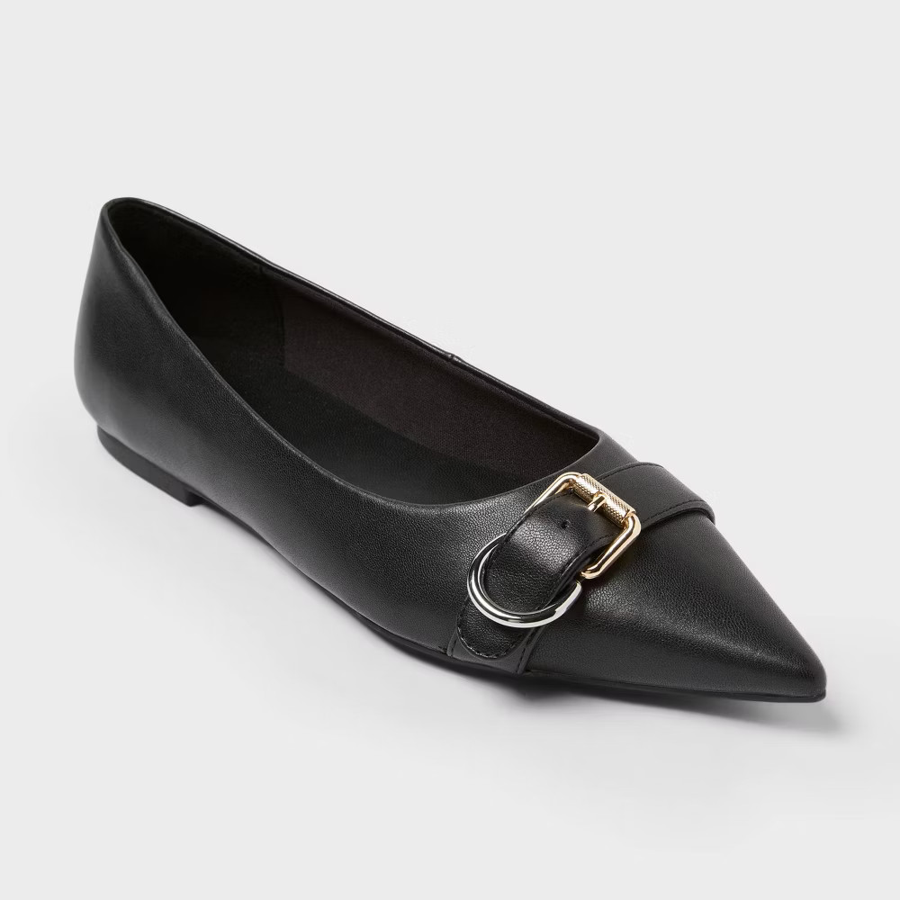 Women’s Valentina Pointed Toe Buckle Ballet Flats with Memory Foam Insole –