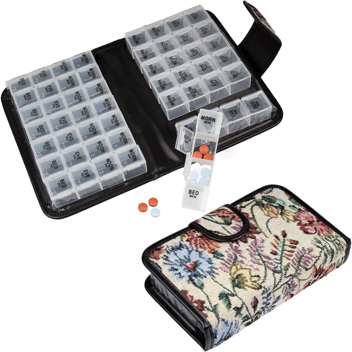 Floral Pill Case Box, 14 Day Pill Holder Pill Container & Medication Organizer,