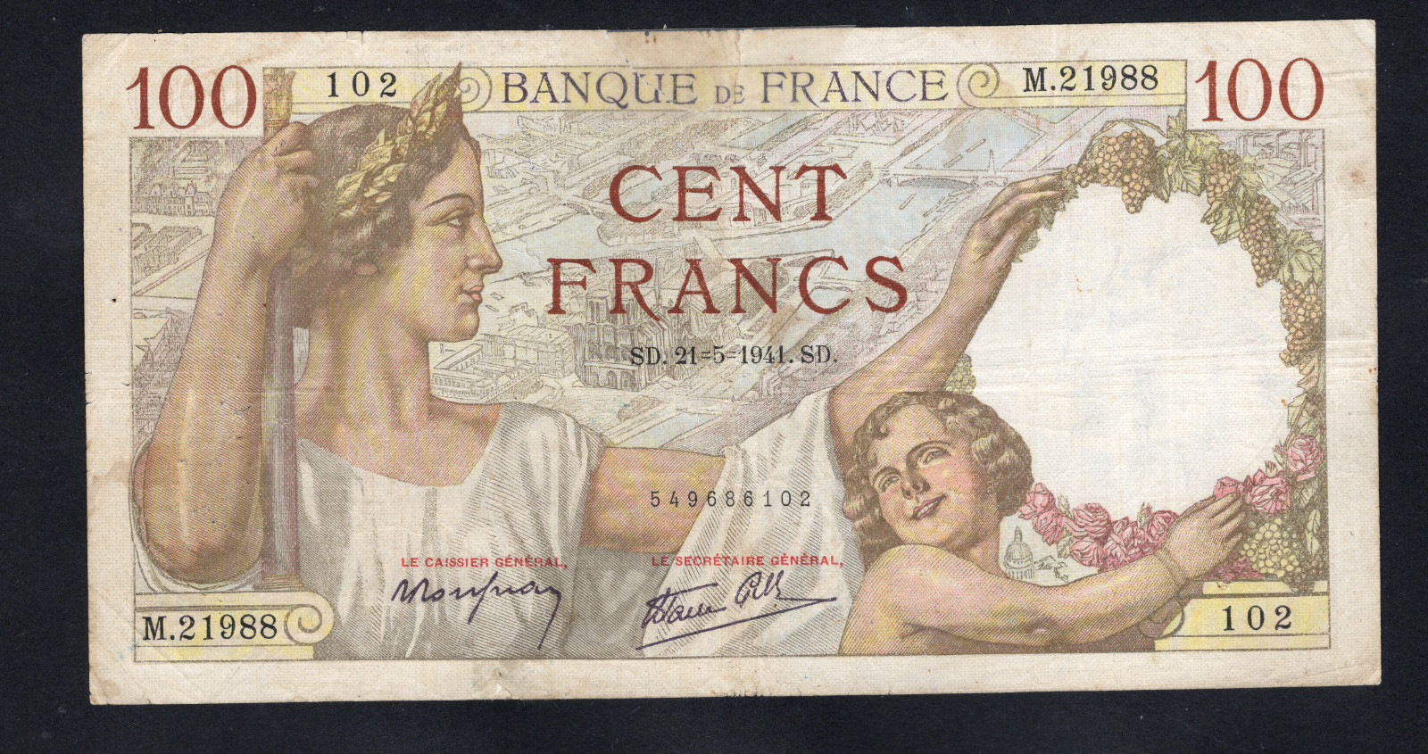 FRANCE 100 Francs Banknote (1941) Very Fine /d15