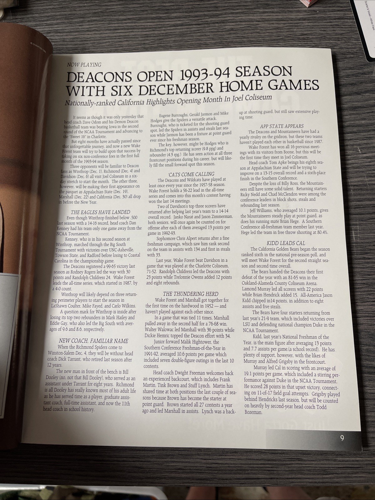 1993-94 Wake Forest Basketball Outside Program Vol 1 Tim Duncan Freshman First