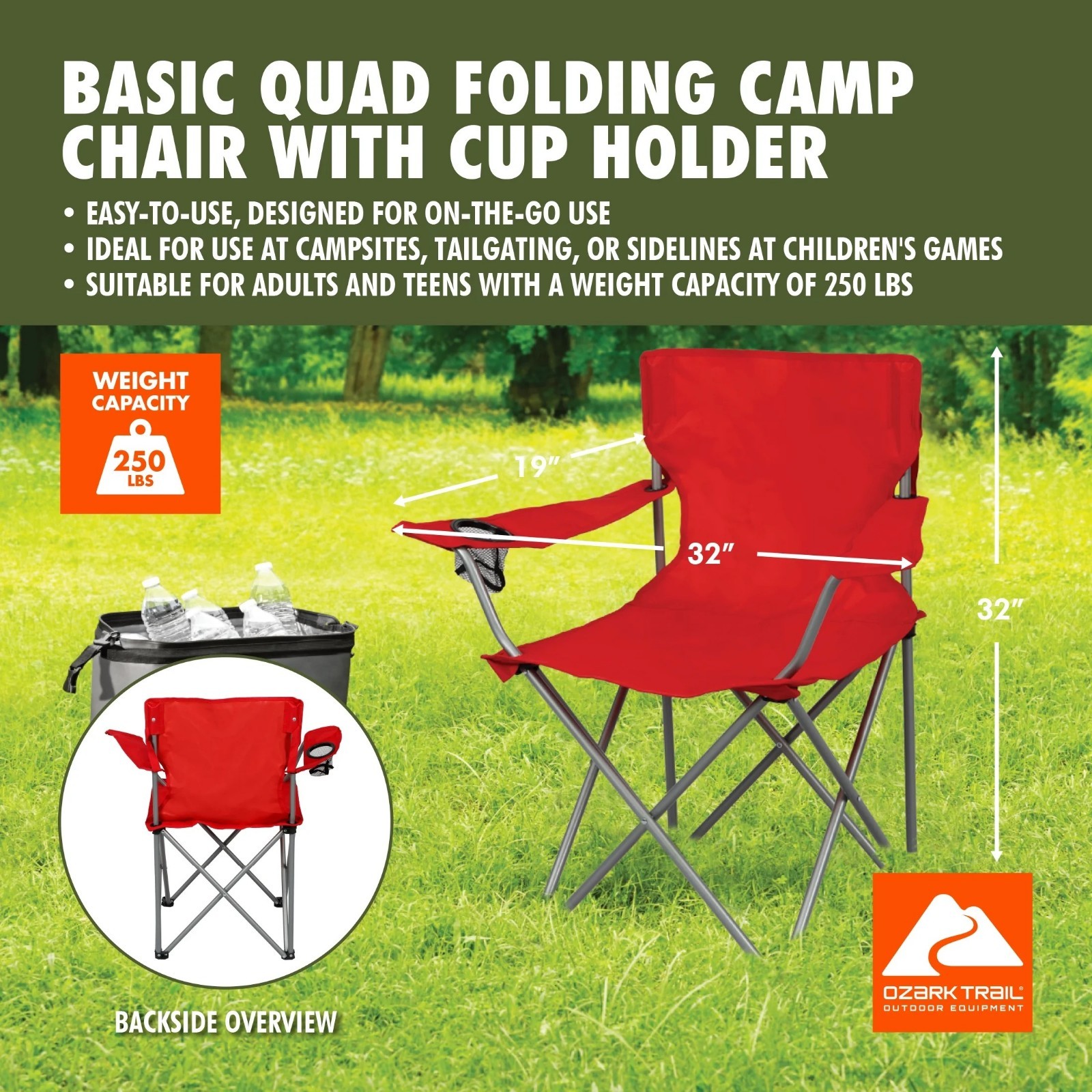 Ozark Trail Basic Folding Camp Chair with Cup Holder, Bright Red , Adult 2 count
