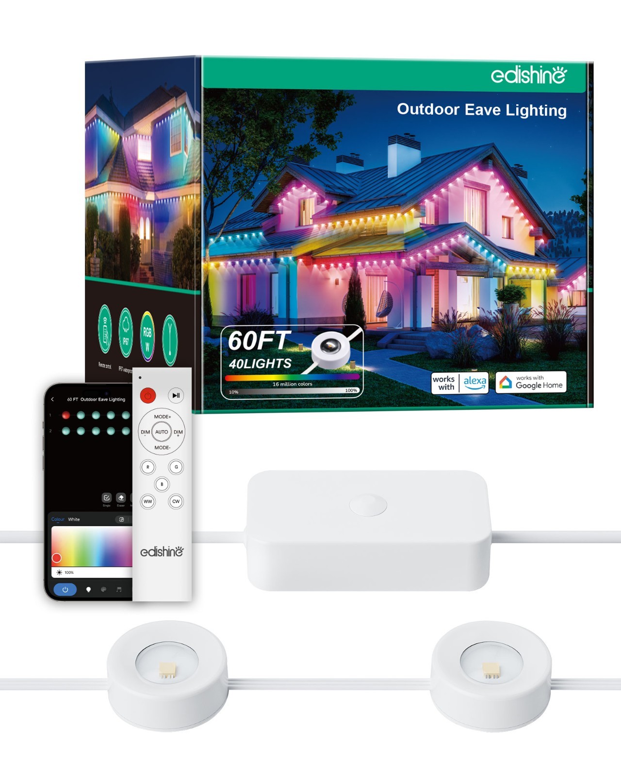 EDISHINE 60ft Permanent Outdoor Lights, 40 LED Eave Light with App/Remote, IP67