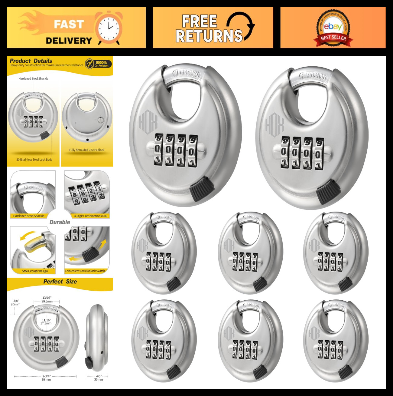 4-Digit Combination Lock - Heavy Duty Disc Padlock, Keyless Steel Shackle, 8 Pac