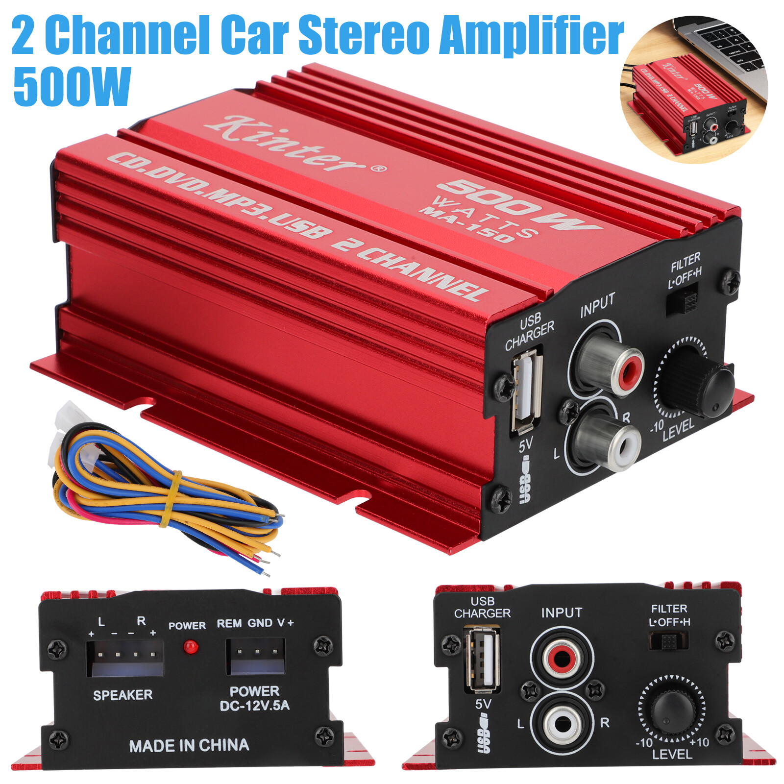 500W 2 Channel Hi-Fi Car Stereo Power Amp Subwoofer Audio Amplifier Accessories