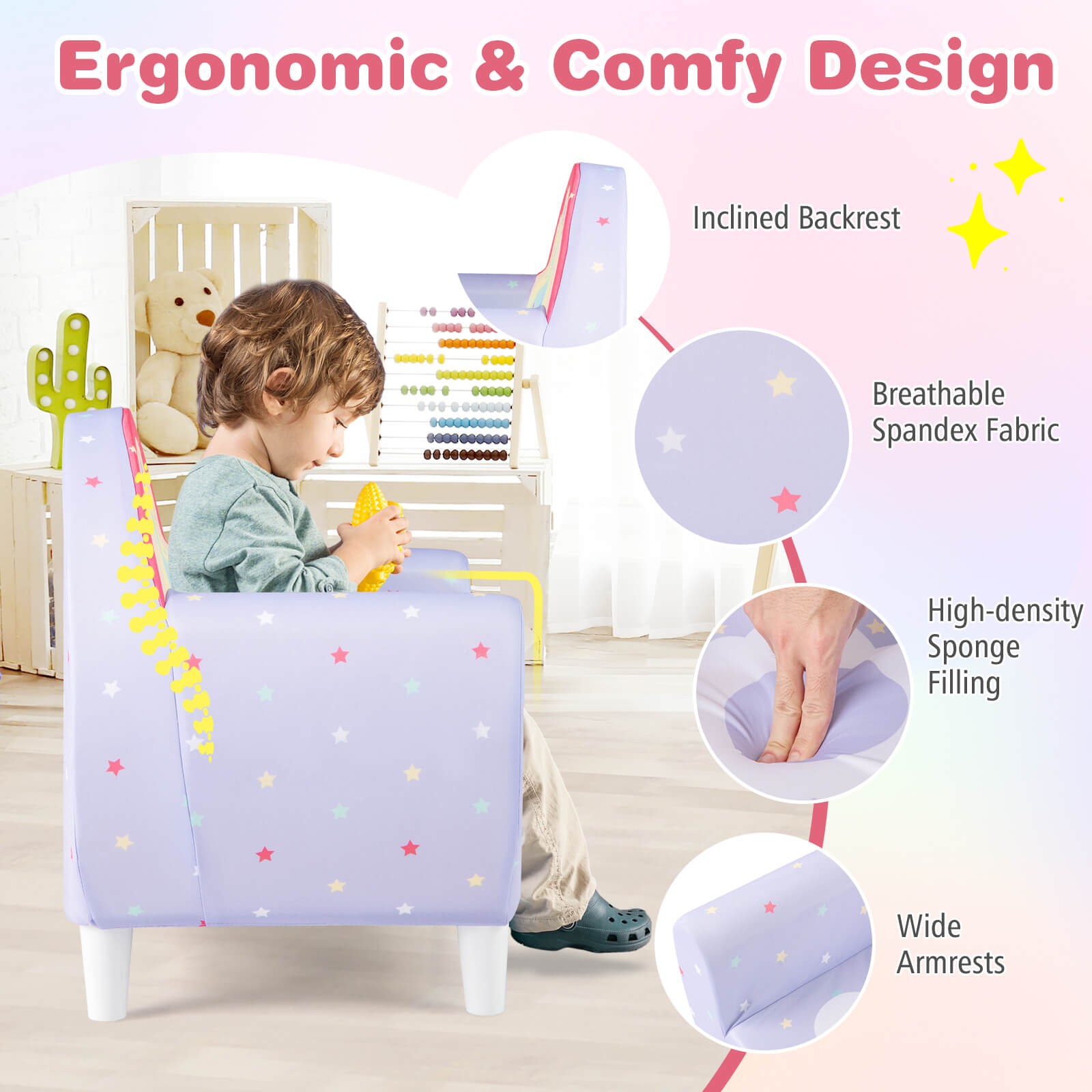 Kids Sofa w/Breathable Spandex Fabric High-density Sponge Filling for Boys Girls