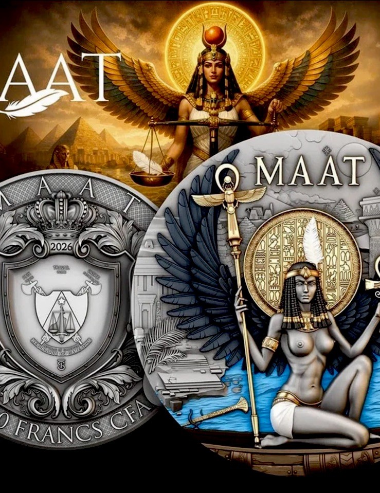 🇺🇸2026 “MAAT”2oz 2000 Francs Pure Silver Antique Gold Gild Finish Coin  Camero