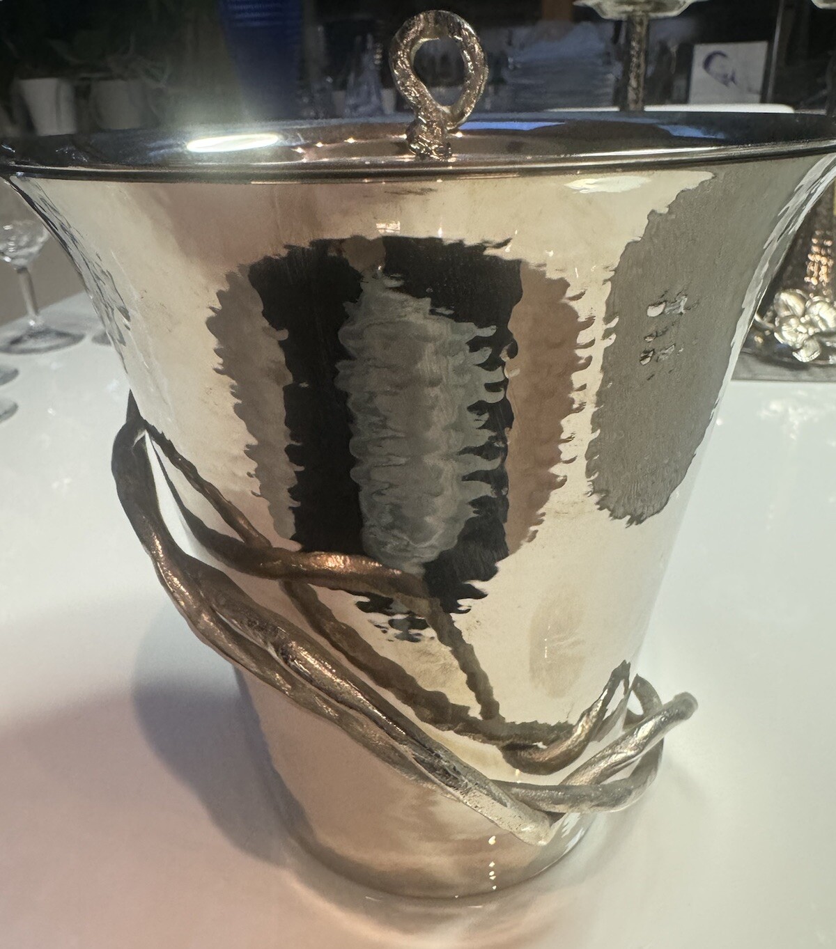 Michael Aram Twig Hand Hammered Stainless Steel Ice Bucket (8"h X 7”)  w/ LID