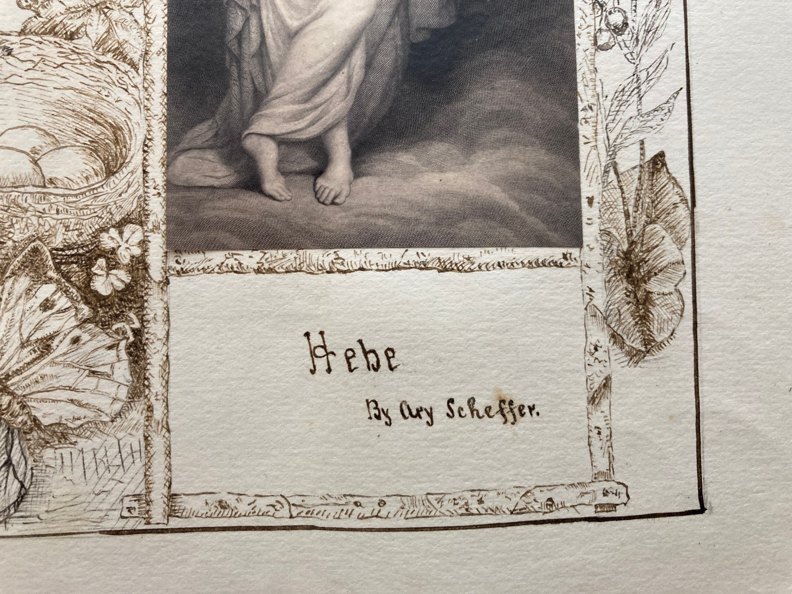 Victorian pen and ink border work around art print Herbe Scheffer